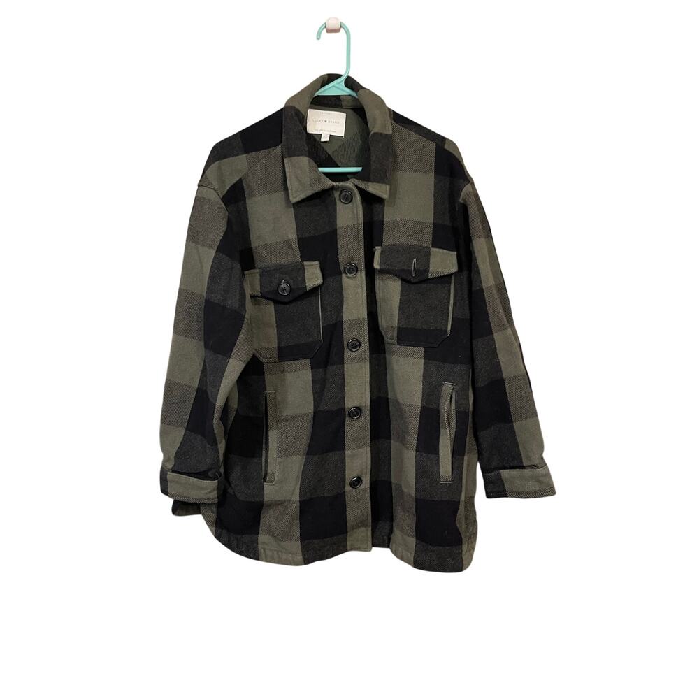 Lucky Brand Oversized Plaid Flannel Shirt Jacket Shacket Green Black L